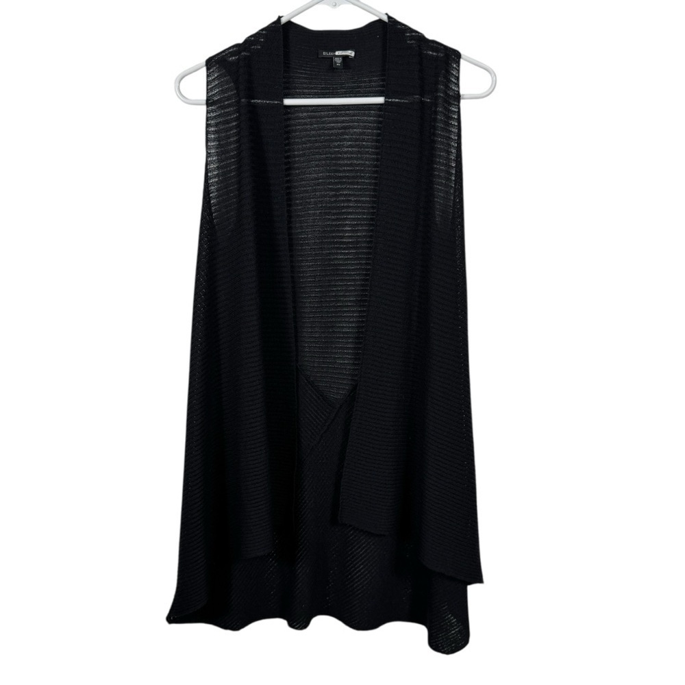 Eileen Fisher 100% Wool Black Sleeveless Waterfall Cardigan, Size XS